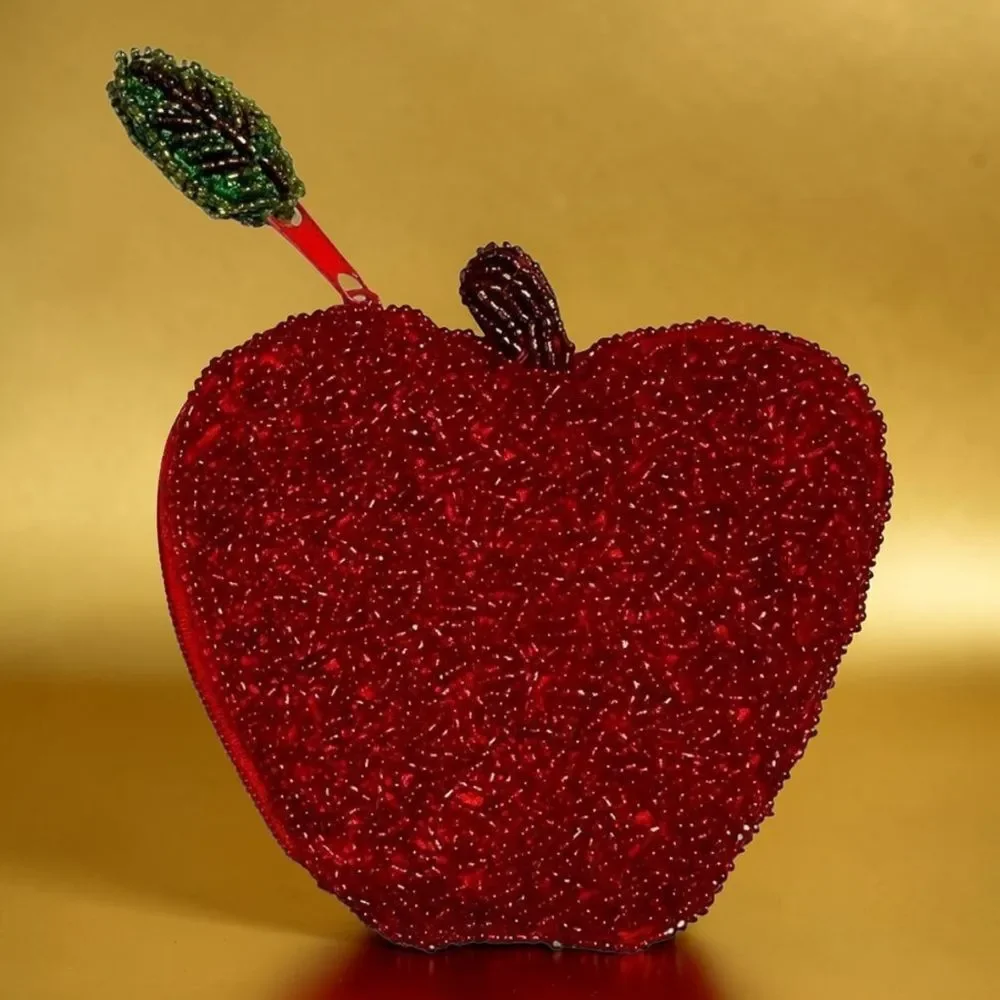 Vintage Apple Coin Purse Red Glass Seed Beads Kitsch Fruit Novelty Zipper Pouch